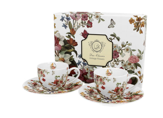 DUO FLORAL 2er-Set Espressotassen 90 ml VINTAGE FLOWERS WHITE mit Untertassen, New Bone China Porzellan