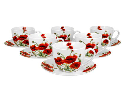 DUO FLORAL 6er-Set Tassen 220 ml CLASSIC POPPIES mit Untertassen, New Bone China Porzellan