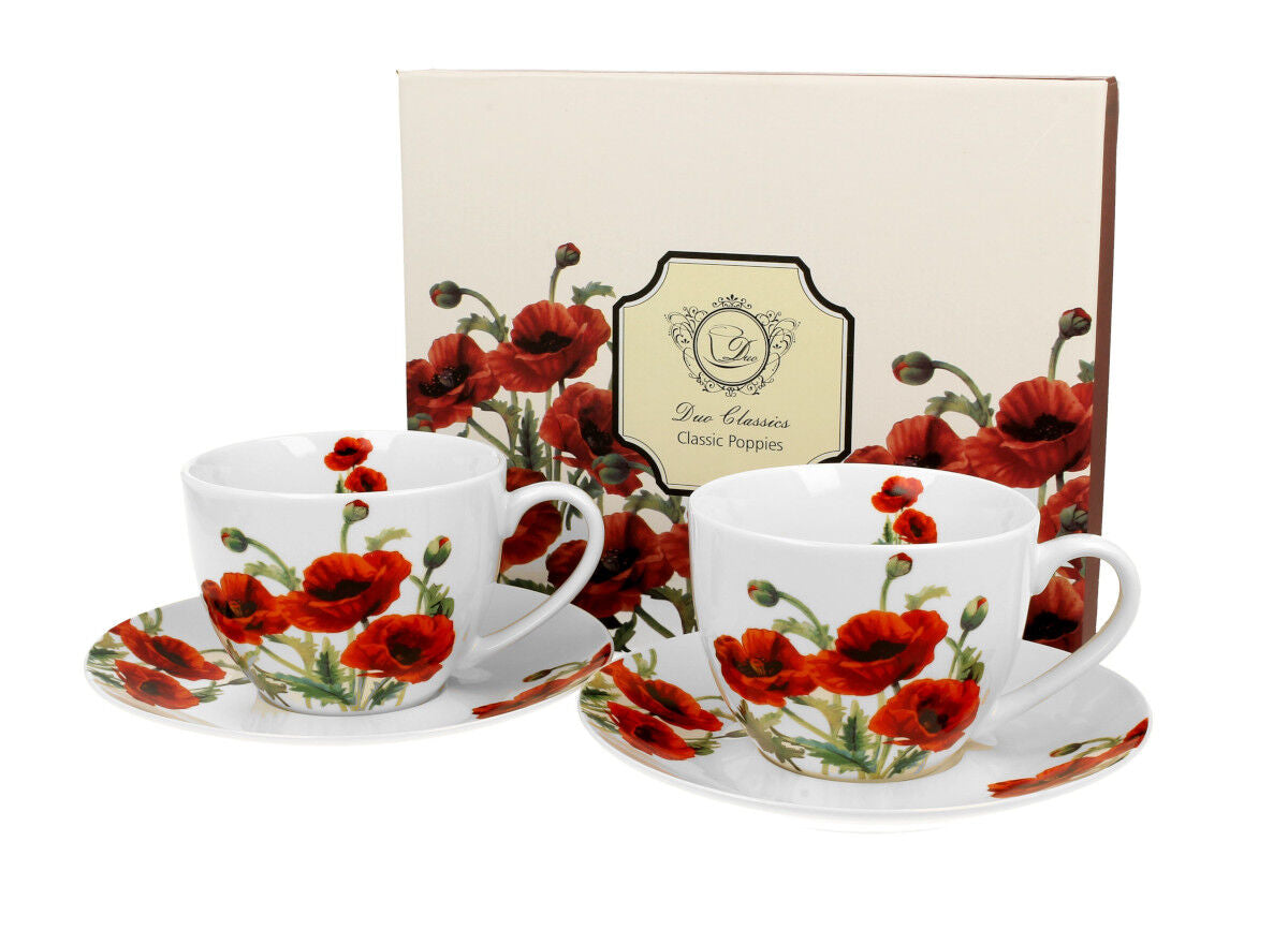DUO FLORAL 2er-Set Tassen 280 ml CLASSIC POPPIES mit Untertassen, New Bone China Porzellan
