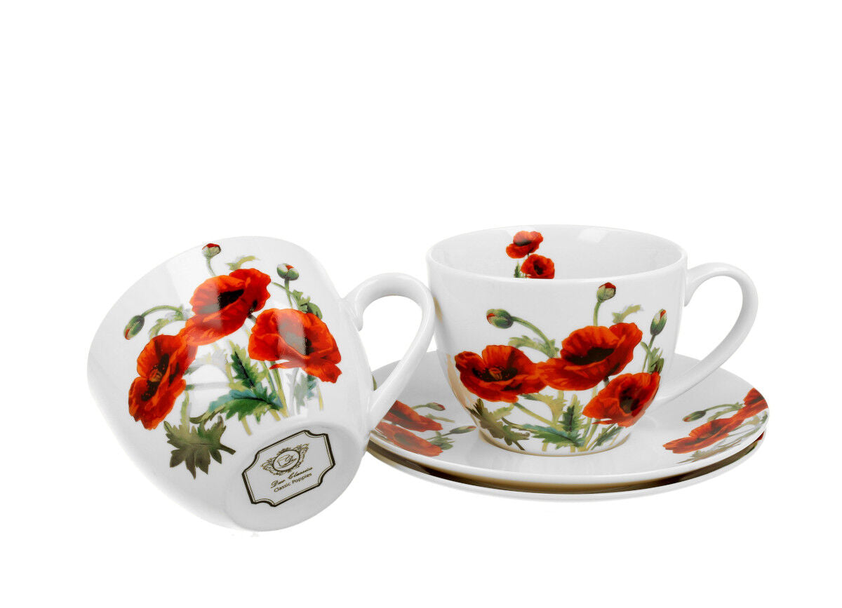 DUO FLORAL 2er-Set Tassen 280 ml CLASSIC POPPIES mit Untertassen, New Bone China Porzellan – Bild 3