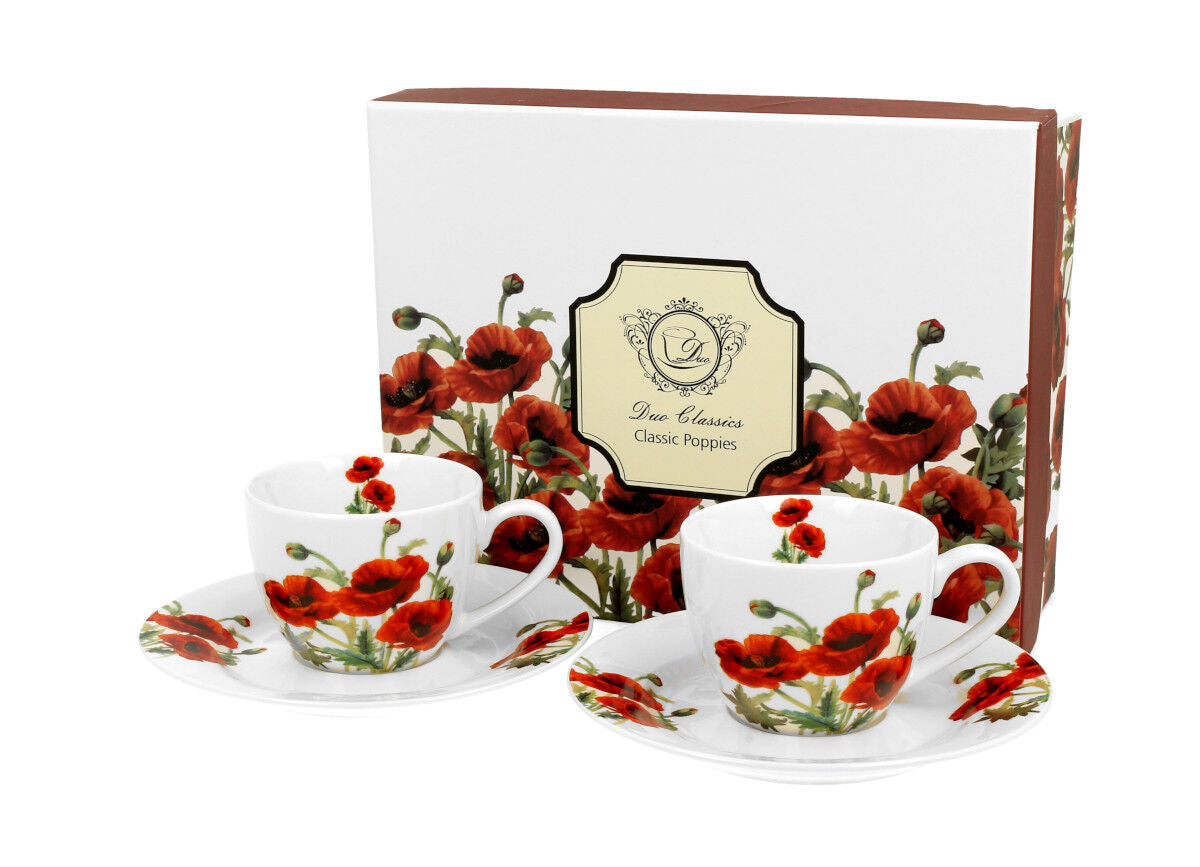 DUO FLORAL 2er-Set Espressotassen 90 ml CLASSIC POPPIES mit Untertassen, New Bone China Porzellan
