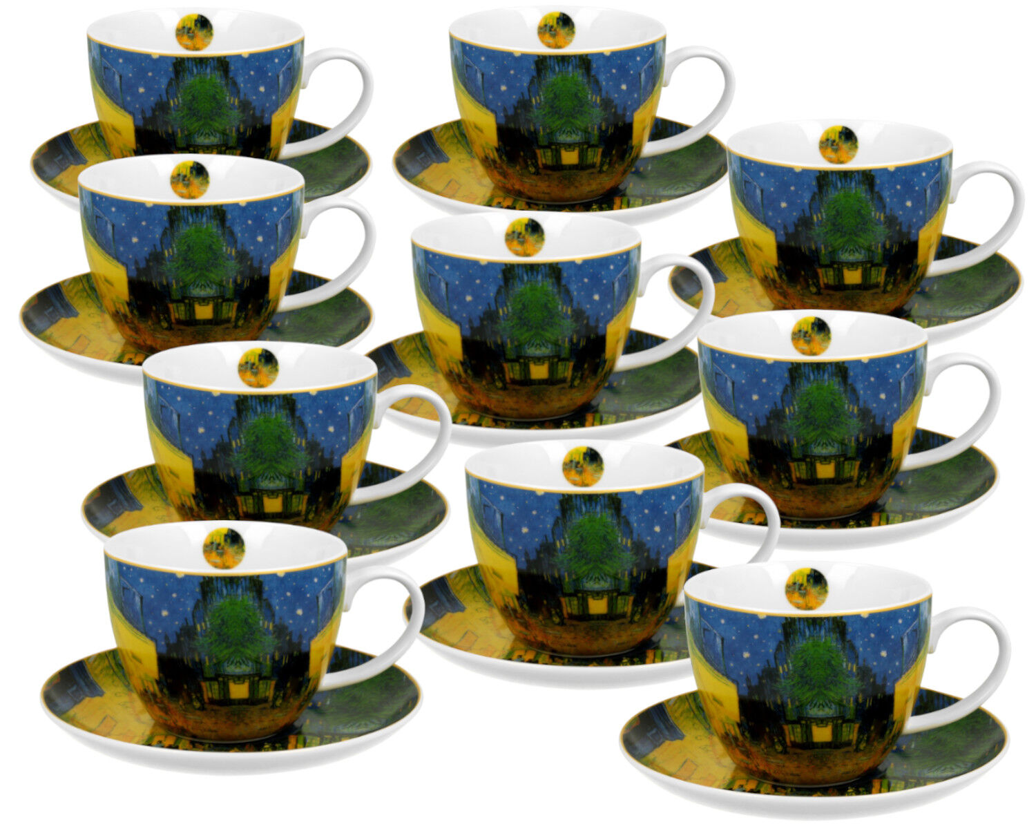 10er SET DUO ART GALLERY Jumbobecher 470 ml TERRACE AT NIGHT mit Untertasse, New Bone China Porzellan