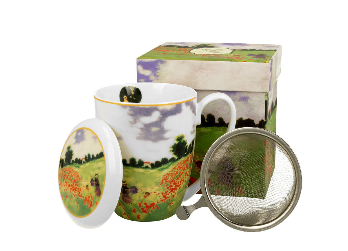 DUO ART GALLERY Becher 380 ml POPPY FIELD mit Teesieb, New Bone China Porzellan
