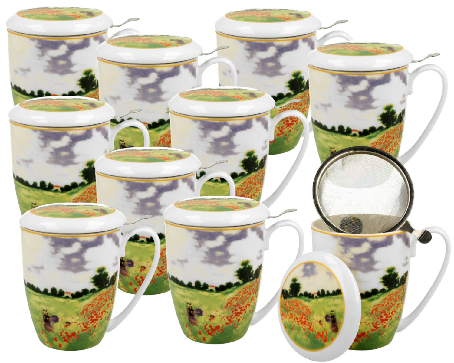 10er SET DUO ART GALLERY Becher 380 ml POPPY FIELD mit Teesieb, New Bone China Porzellan