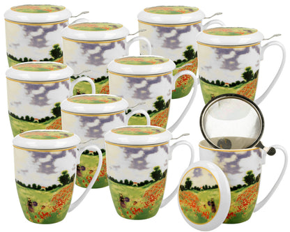 10er SET DUO ART GALLERY Becher 380 ml POPPY FIELD mit Teesieb, New Bone China Porzellan