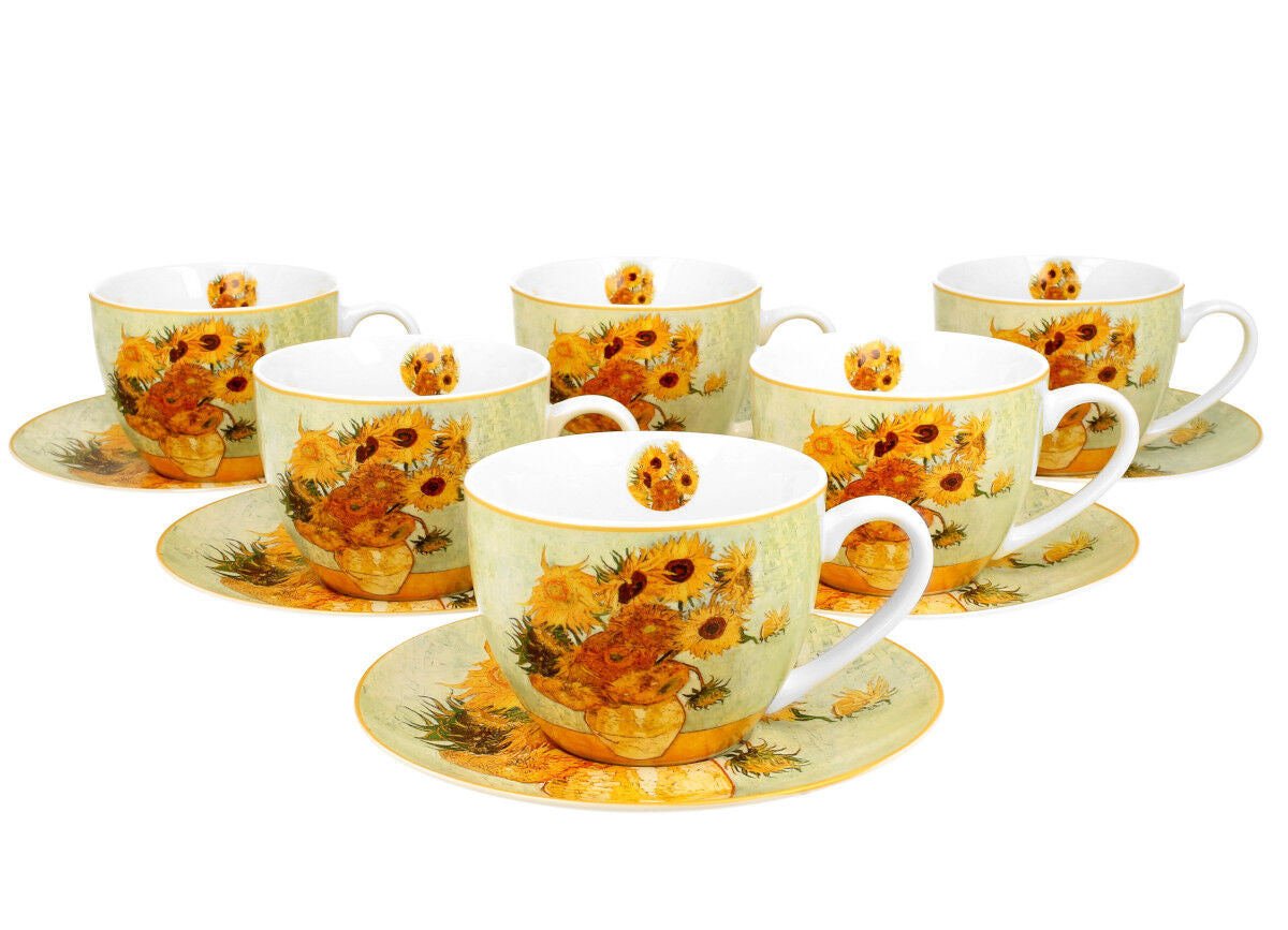DUO ART GALLERY 6er-Set Tassen 220 ml SUNFLOWERS mit Untertassen, New Bone China Porzellan