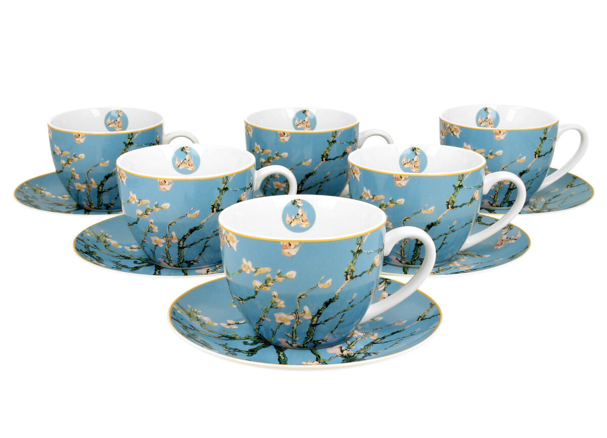 DUO ART GALLERY 6er-Set Tassen 220 ml ALMOND BLOSSOM mit Untertassen, New Bone China Porzellan