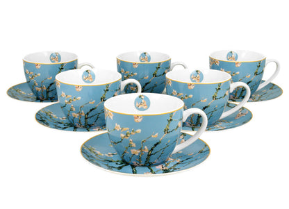 DUO ART GALLERY 6er-Set Tassen 220 ml ALMOND BLOSSOM mit Untertassen, New Bone China Porzellan