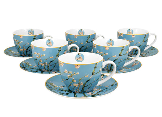 DUO ART GALLERY 6er-Set Tassen 220 ml ALMOND BLOSSOM mit Untertassen, New Bone China Porzellan