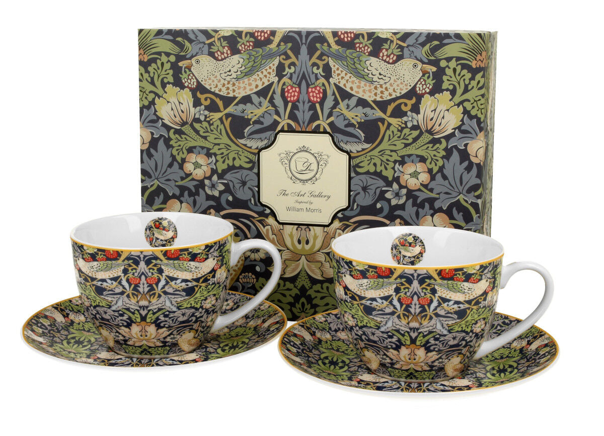DUO ART GALLERY 2er-Set Tassen 250 ml STRAWBERRY THIEF BLUE mit Untertassen, New Bone China Porzellan