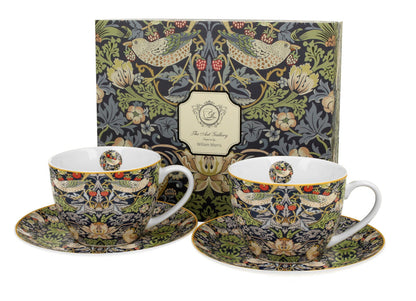 DUO ART GALLERY 2er-Set Tassen 250 ml STRAWBERRY THIEF BLUE mit Untertassen, New Bone China Porzellan