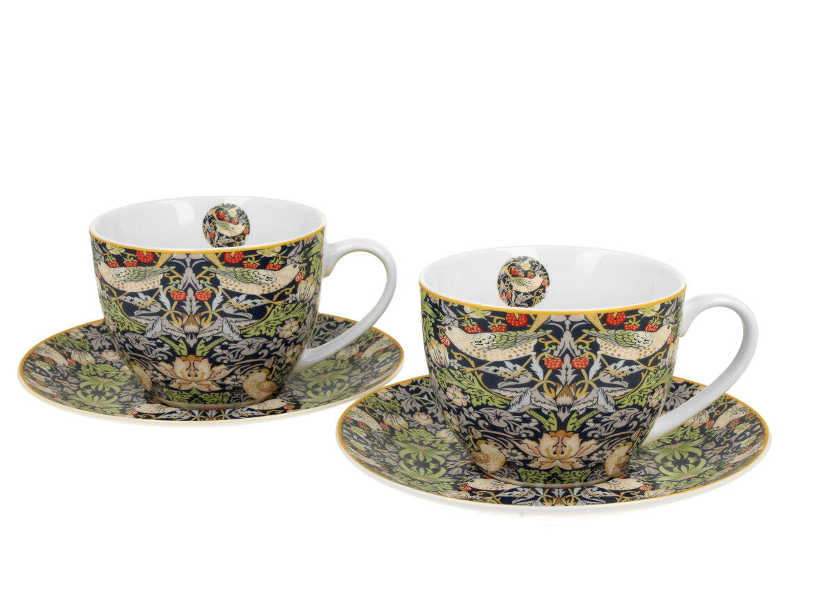 DUO ART GALLERY 2er-Set Tassen 250 ml STRAWBERRY THIEF BLUE mit Untertassen, New Bone China Porzellan – Bild 2