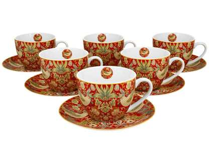 DUO ART GALLERY 6er-Set Tassen 220 ml STRAWBERRY THIEF RED mit Untertassen, New Bone China Porzellan