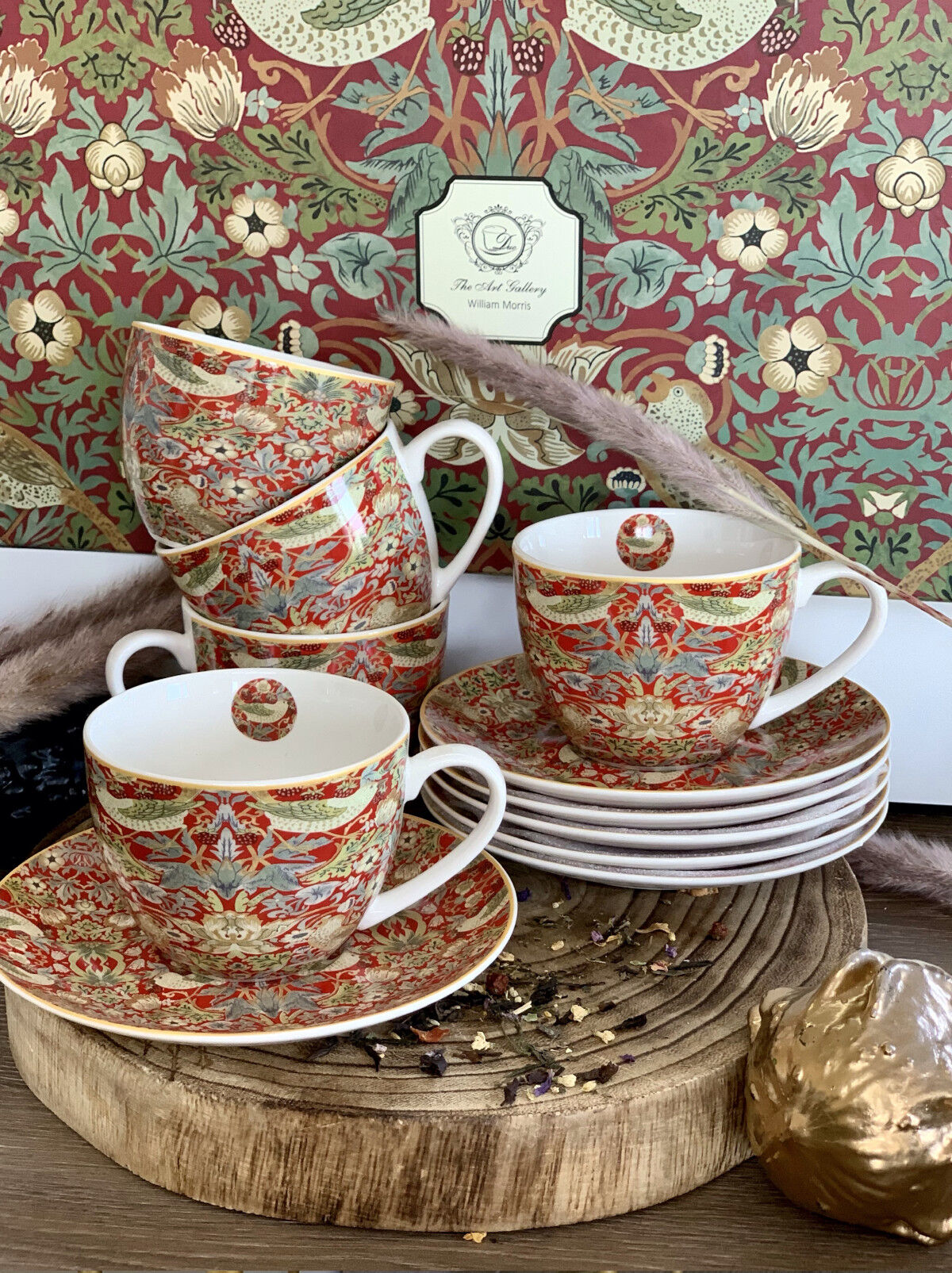 DUO ART GALLERY 6er-Set Tassen 220 ml STRAWBERRY THIEF RED mit Untertassen, New Bone China Porzellan – Bild 4