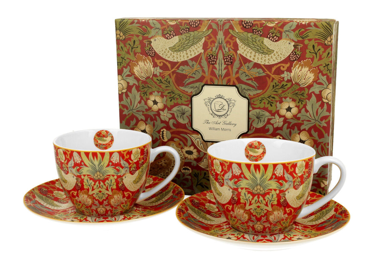 DUO ART GALLERY 2er-Set Tassen 280 ml STRAWBERRY THIEF RED mit Untertassen, New Bone China Porzellan