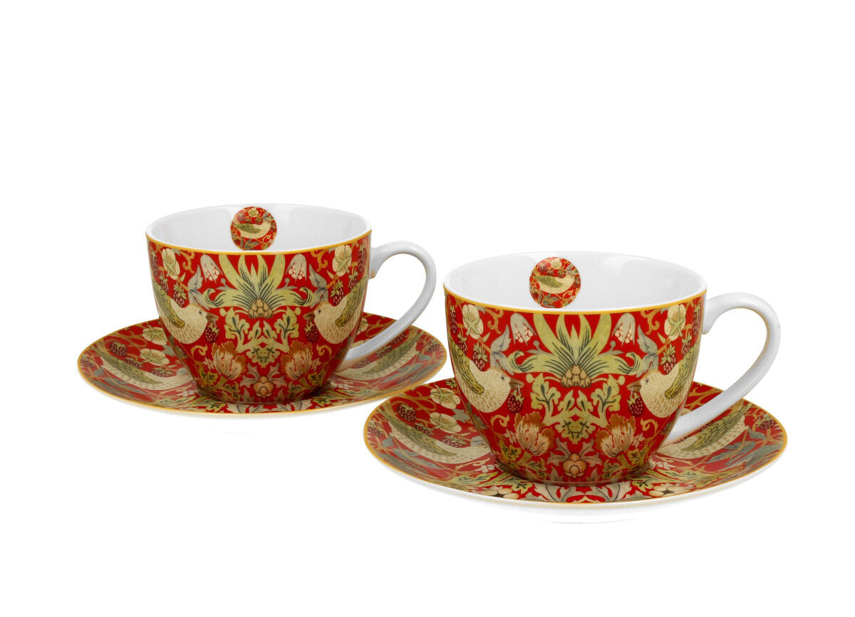 DUO ART GALLERY 2er-Set Tassen 280 ml STRAWBERRY THIEF RED mit Untertassen, New Bone China Porzellan – Bild 2