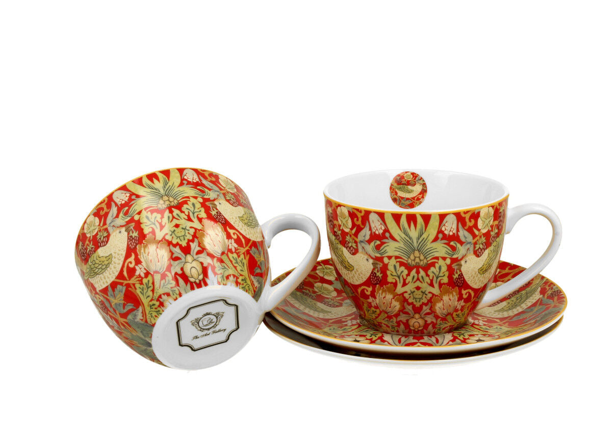 DUO ART GALLERY 2er-Set Tassen 280 ml STRAWBERRY THIEF RED mit Untertassen, New Bone China Porzellan – Bild 3