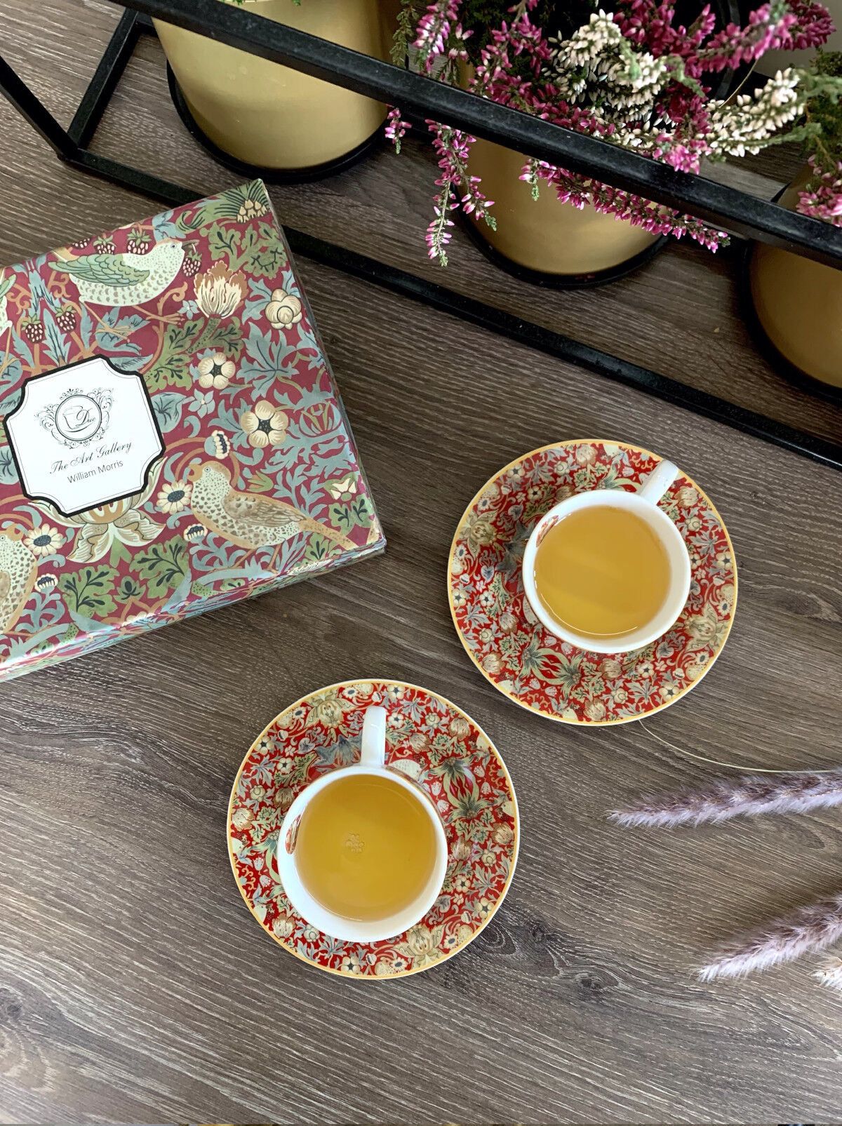 DUO ART GALLERY 2er-Set Tassen 280 ml STRAWBERRY THIEF RED mit Untertassen, New Bone China Porzellan – Bild 6