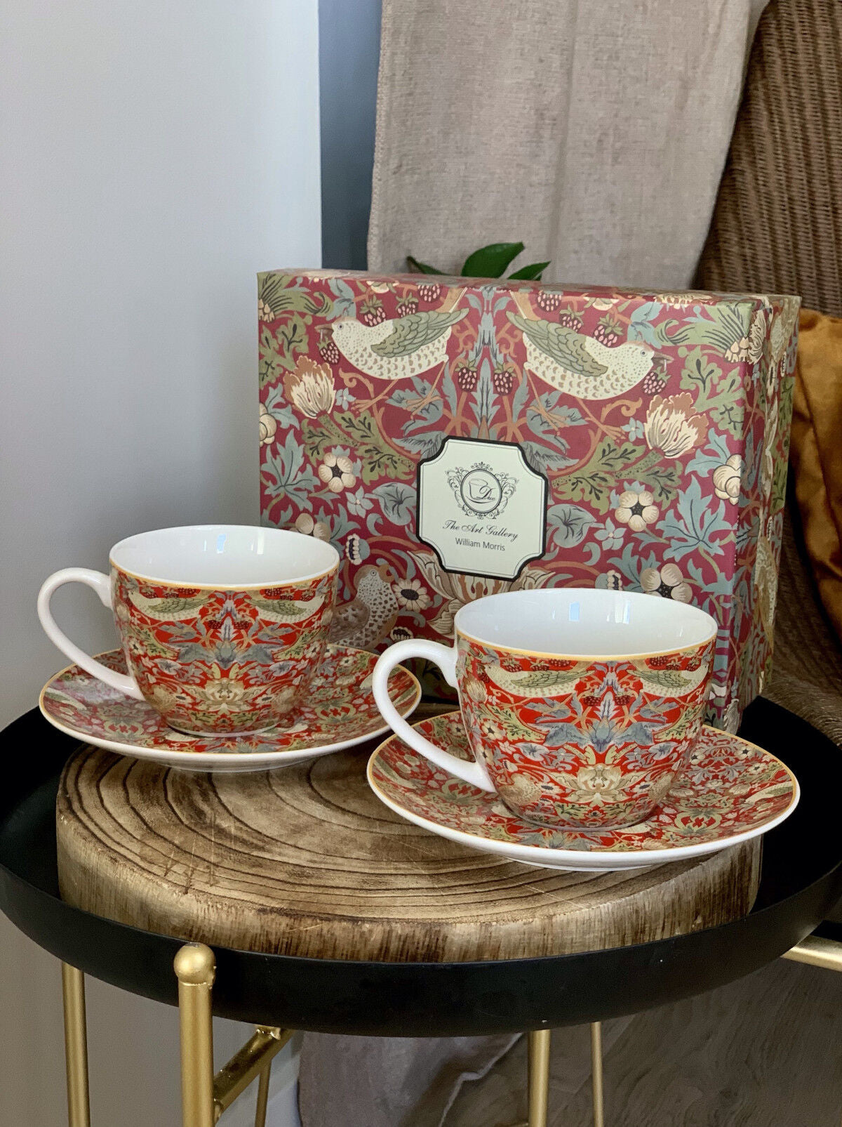 DUO ART GALLERY 2er-Set Tassen 280 ml STRAWBERRY THIEF RED mit Untertassen, New Bone China Porzellan – Bild 7