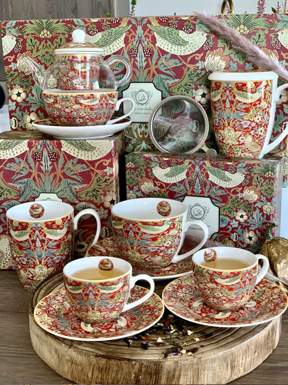 DUO ART GALLERY 2er-Set Tassen 280 ml STRAWBERRY THIEF RED mit Untertassen, New Bone China Porzellan – Bild 8