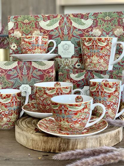 DUO ART GALLERY 2er-Set Tassen 280 ml STRAWBERRY THIEF RED mit Untertassen, New Bone China Porzellan – Bild 9