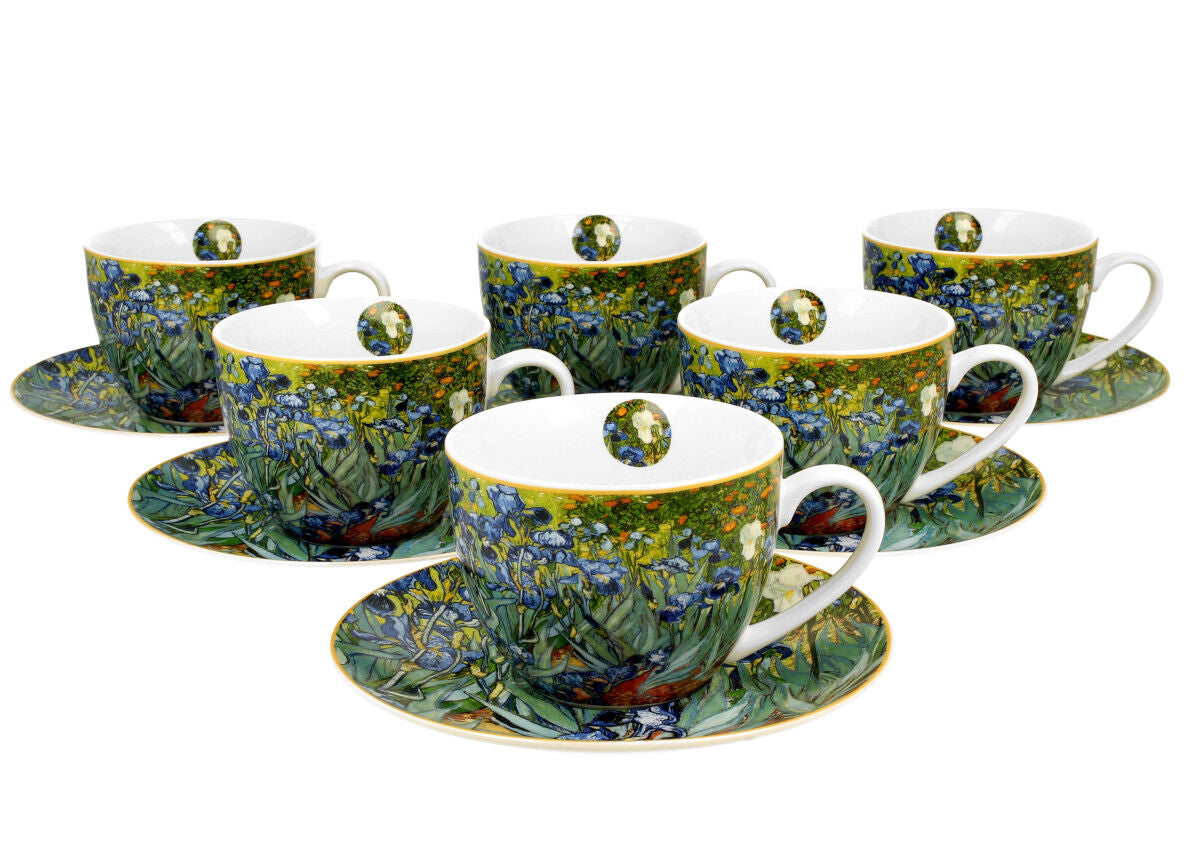 DUO ART GALLERY 6er-Set Tassen 220 ml IRISES mit Untertassen, New Bone China Porzellan
