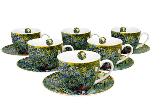DUO ART GALLERY 6er-Set Tassen 220 ml IRISES mit Untertassen, New Bone China Porzellan
