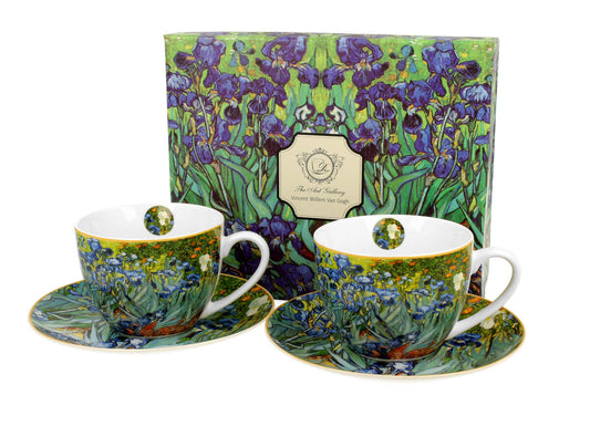 DUO ART GALLERY 2er-Set Tassen 280 ml IRISES mit Untertassen, New Bone China Porzellan