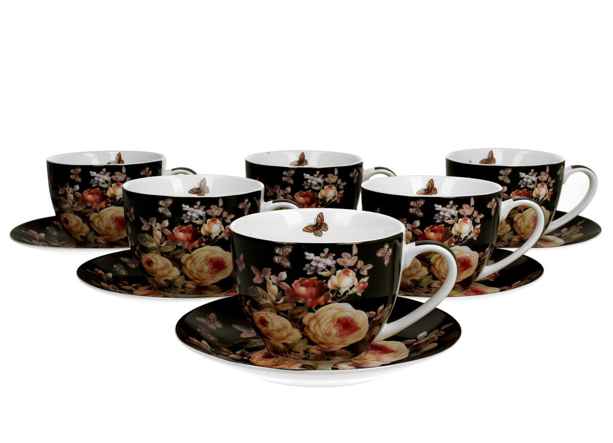 DUO FLORAL 6er-Set Tassen 220 ml WARDA mit Untertassen, New Bone China Porzellan