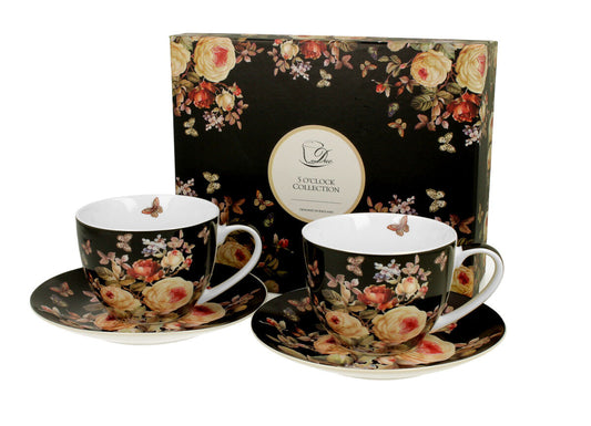DUO FLORAL 2er-Set Tassen 280 ml WARDA mit Untertassen, New Bone China Porzellan