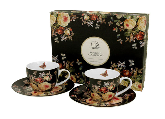 DUO FLORAL 2er-Set Espressotassen 90 ml WARDA mit Untertassen, New Bone China Porzellan