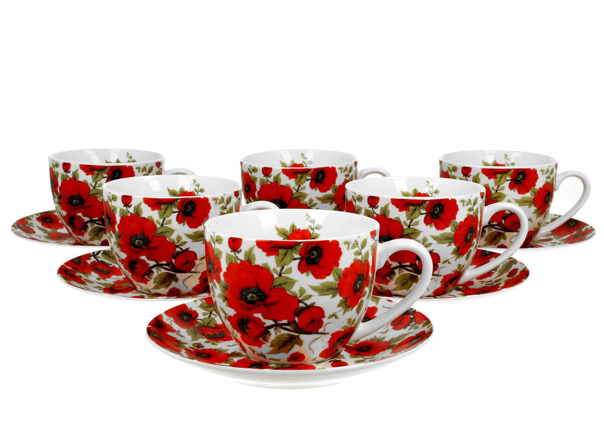 DUO FLORAL 6er-Set Tassen 220 ml LINA mit Untertassen, New Bone China Porzellan