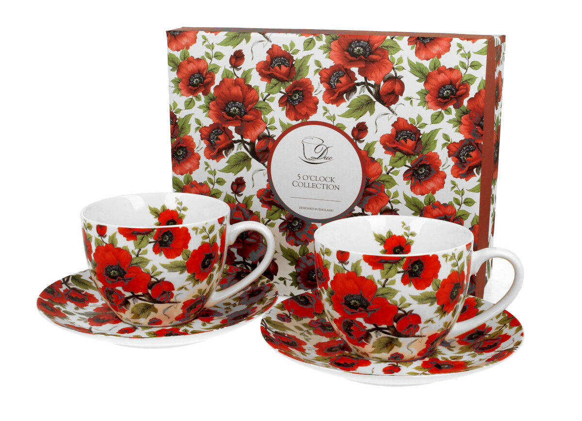 DUO FLORAL 2er-Set Tassen 280 ml LINA mit Untertassen, New Bone China Porzellan