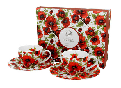 DUO FLORAL 2er-Set Espressotassen 90 ml LINA mit Untertassen, New Bone China Porzellan