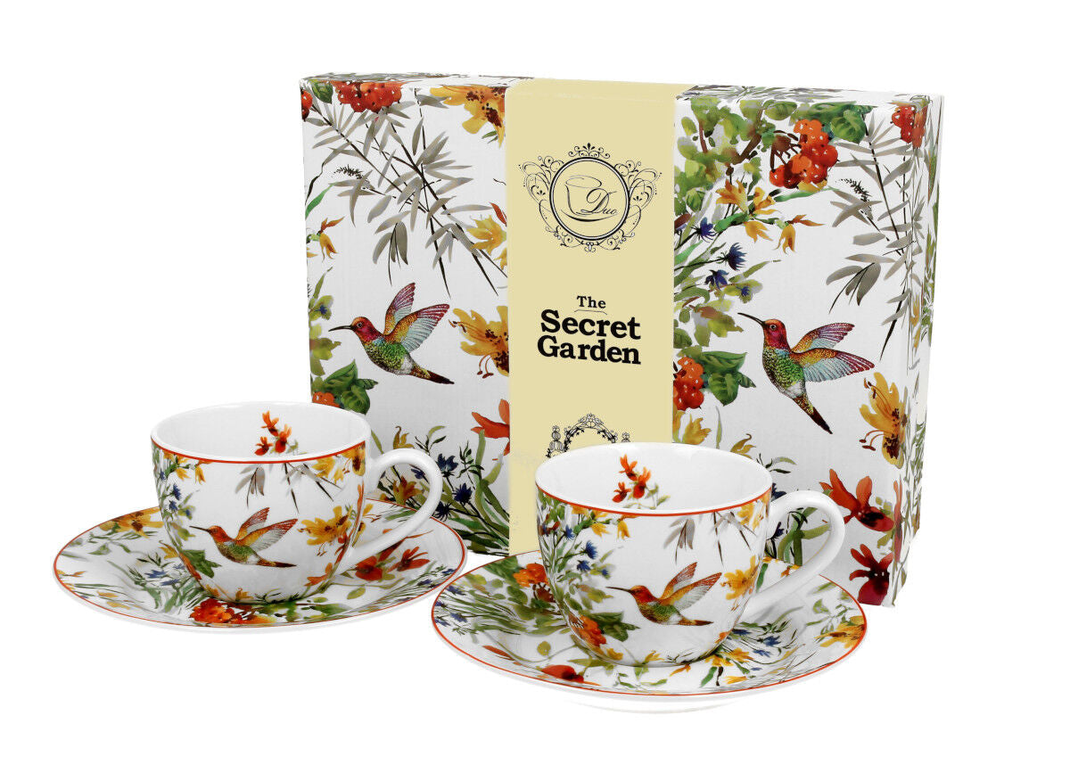 DUO FLORAL 2er-Set Espressotassen 90 ml LINNEA mit Untertassen, New Bone China Porzellan