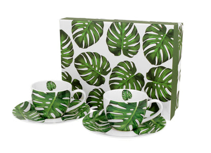 DUO FLORAL 2er-Set Espressotassen 90 ml MONSTERA mit Untertassen, New Bone China Porzellan