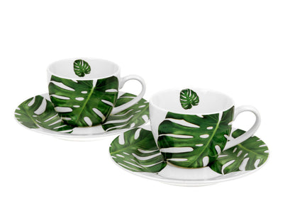 DUO FLORAL 2er-Set Espressotassen 90 ml MONSTERA mit Untertassen, New Bone China Porzellan – Bild 2