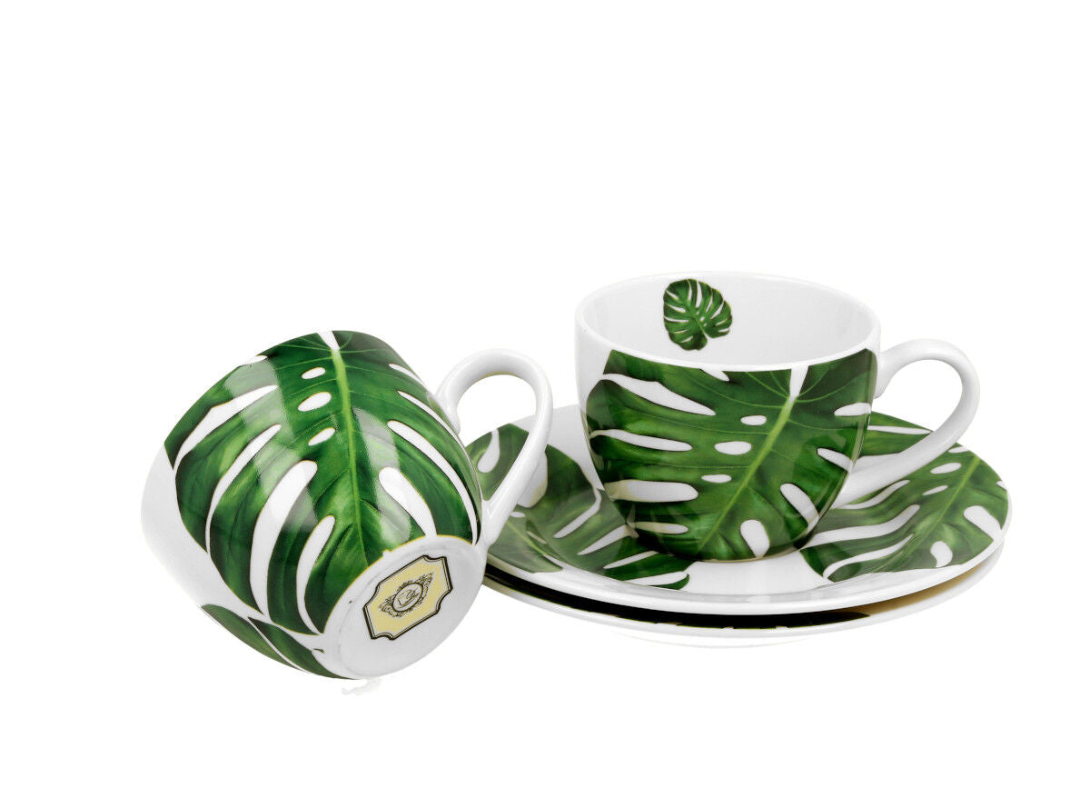 DUO FLORAL 2er-Set Espressotassen 90 ml MONSTERA mit Untertassen, New Bone China Porzellan – Bild 3