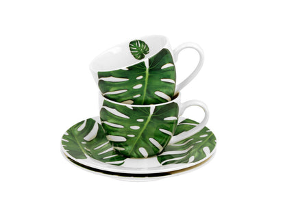 DUO FLORAL 2er-Set Espressotassen 90 ml MONSTERA mit Untertassen, New Bone China Porzellan – Bild 4