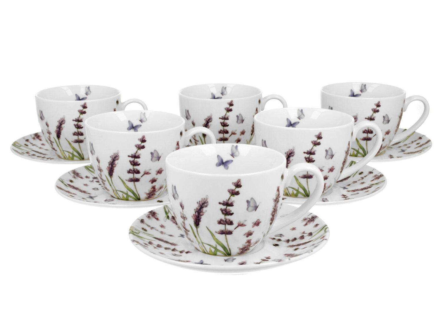 DUO FLORAL 6er-Set Tassen 220 ml CLASSIC LAVENDER mit Untertassen, New Bone China Porzellan
