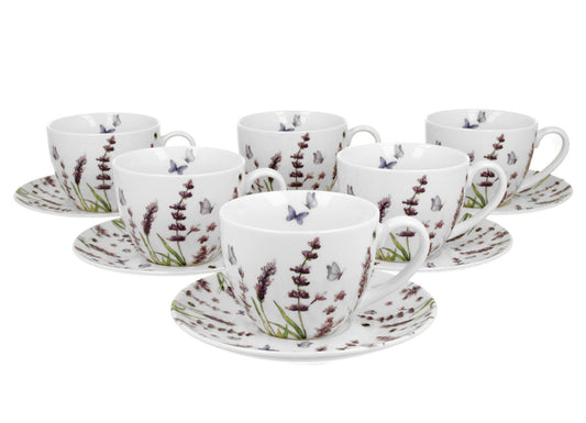 DUO FLORAL 6er-Set Tassen 220 ml CLASSIC LAVENDER mit Untertassen, New Bone China Porzellan