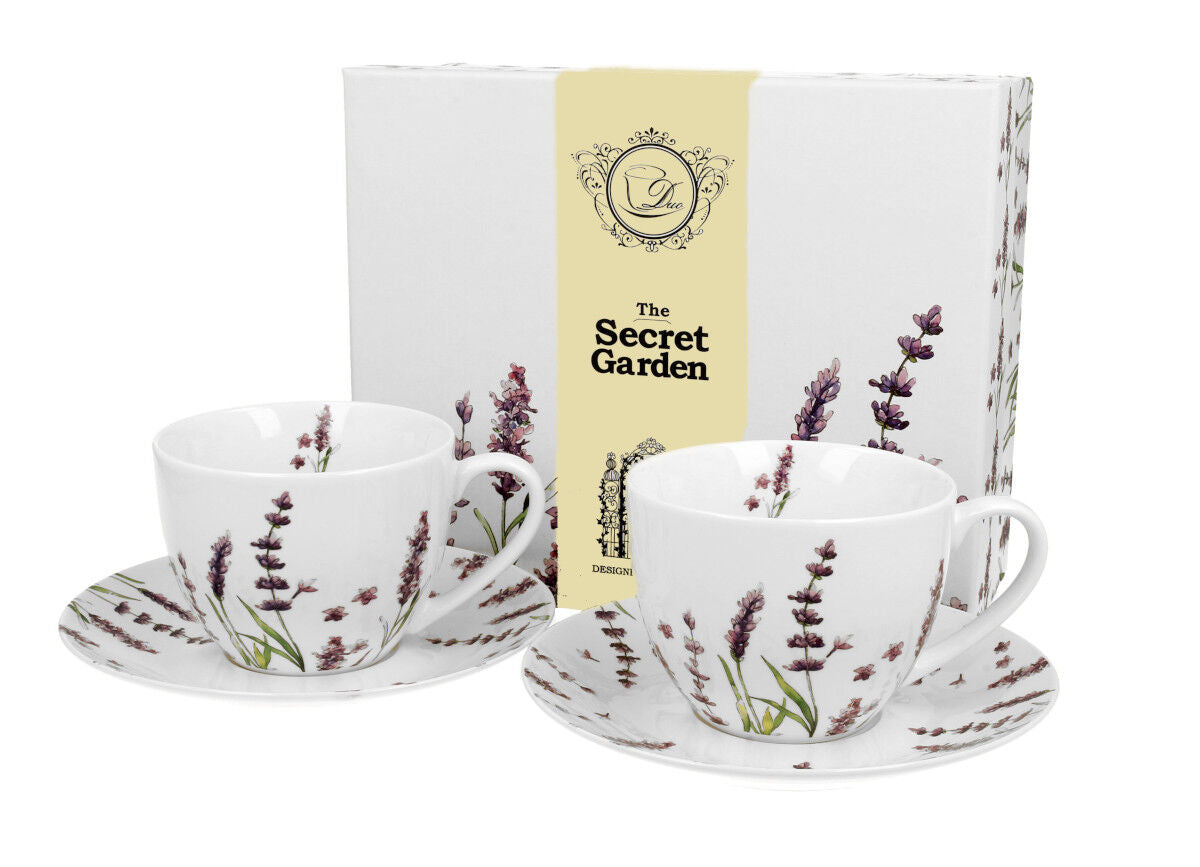 DUO FLORAL 2er-Set Tassen 280 ml CLASSIC LAVENDER mit Untertassen, New Bone China Porzellan