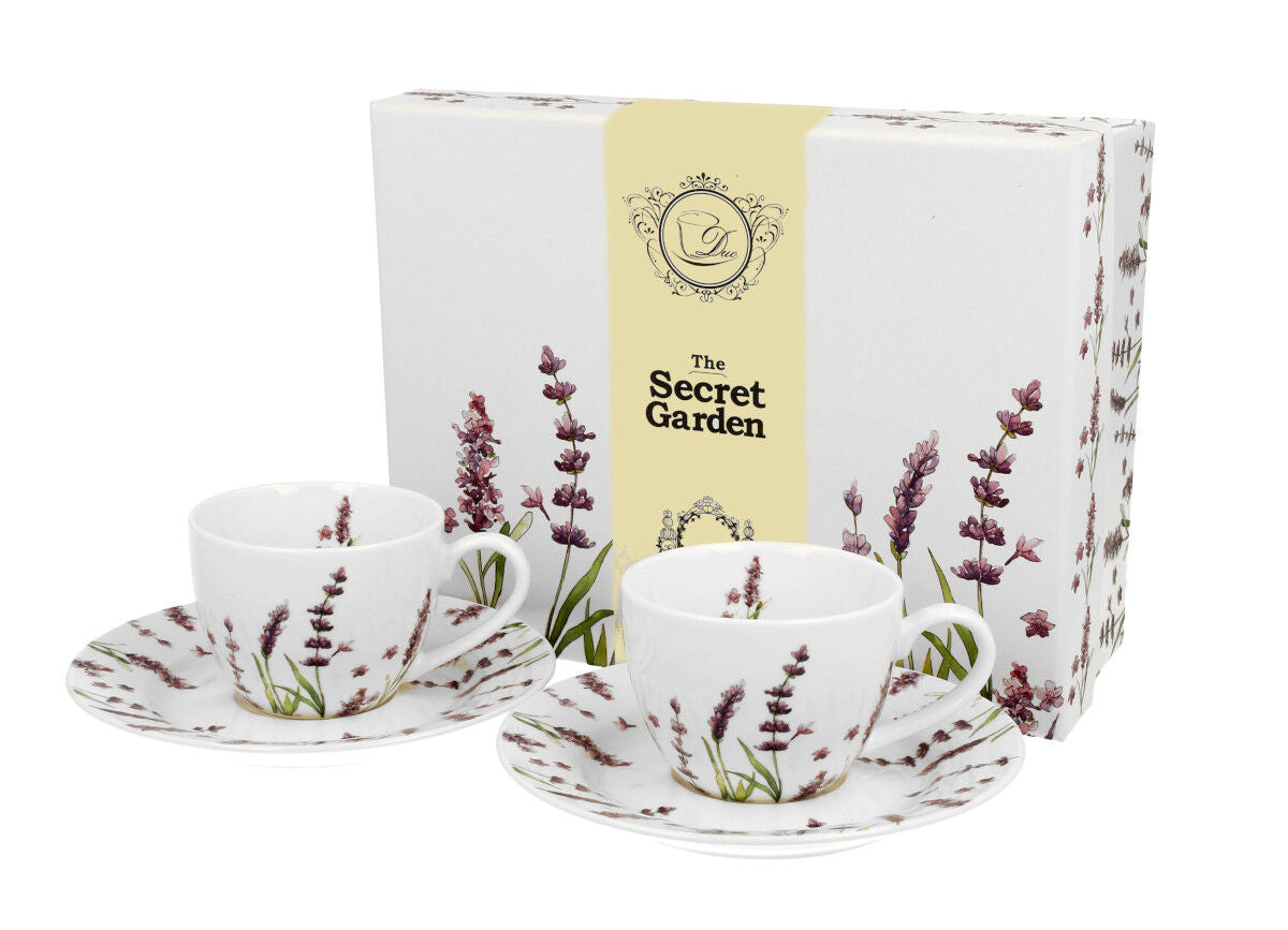 DUO FLORAL 2er-Set Espressotassen 90 ml CLASSIC LAVENDER mit Untertassen, New Bone China Porzellan