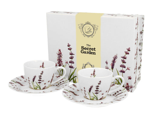 DUO FLORAL 2er-Set Espressotassen 90 ml CLASSIC LAVENDER mit Untertassen, New Bone China Porzellan