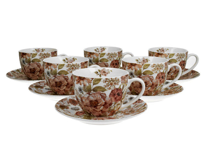 DUO FLORAL 6er-Set Tassen 220 ml PASTEL FLOWERS mit Untertassen, New Bone China Porzellan