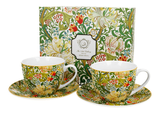 DUO ART GALLERY 2er-Set Tassen 250 ml GOLDEN LILLY mit Untertassen, New Bone China Porzellan