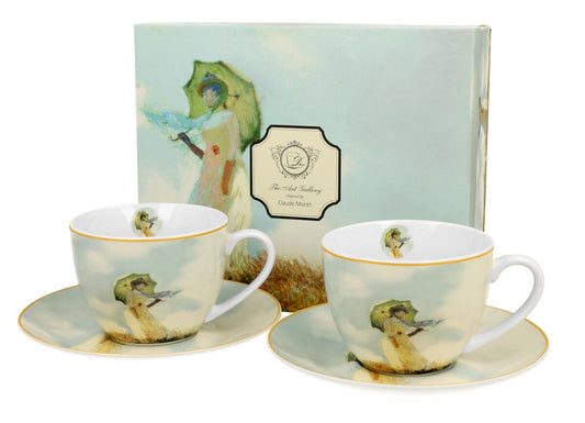 DUO ART GALLERY 2er-Set Tassen 250 ml WOMAN WITH PARASOL mit Untertassen, New Bone China Porzellan