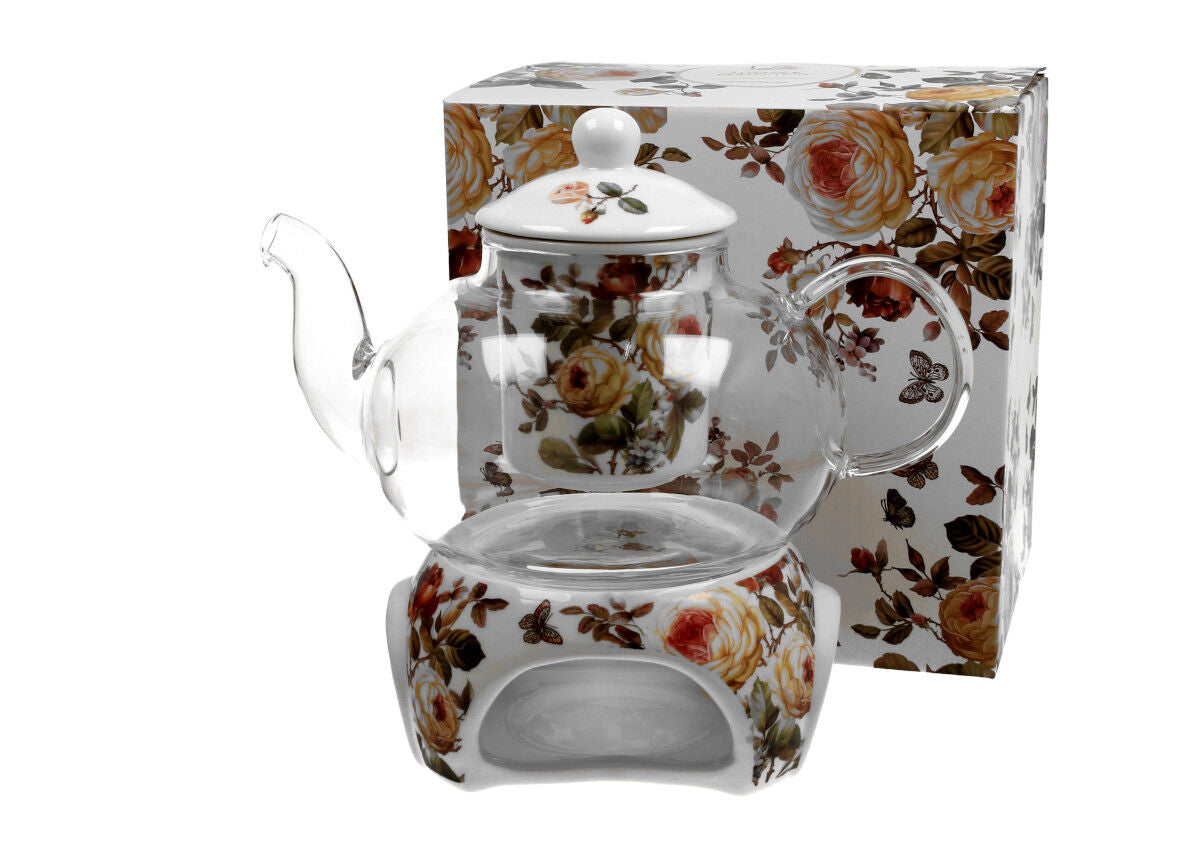 DUO FLORAL Teekanne 1000 ml ZAHRA mit Stövchen, Glas - New Bone China Porzellan