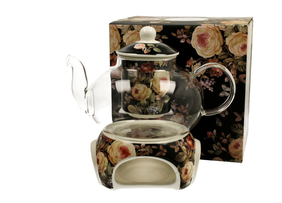 DUO FLORAL Teekanne 1000 ml WARDA mit Stövchen, Glas - New Bone China Porzellan