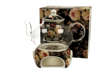 DUO FLORAL Teekanne 1000 ml WARDA mit Stövchen, Glas - New Bone China Porzellan